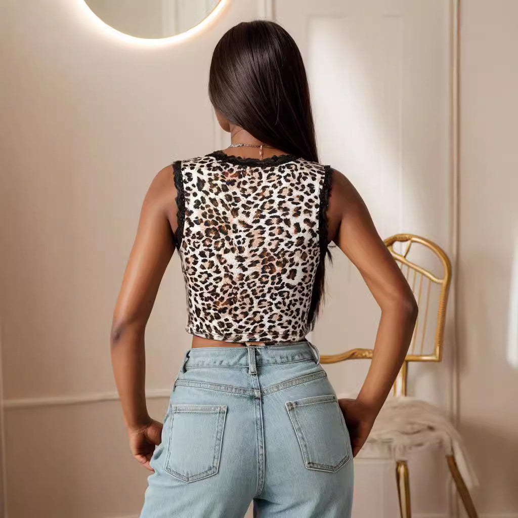 Damen modisches Spitzenoberteil mit Leoprint und romantischem Kreuzdetails Sovae