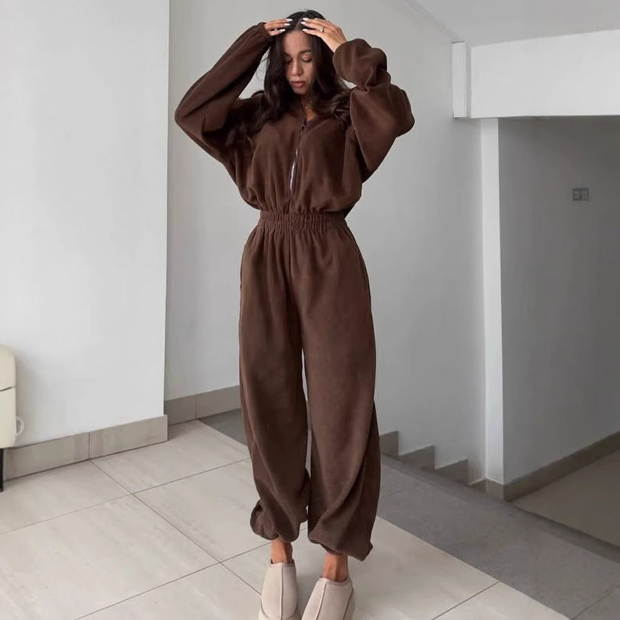 Damen Fleece-Loungeanzug mit hohem Kragen und elastischer Taille Sovae