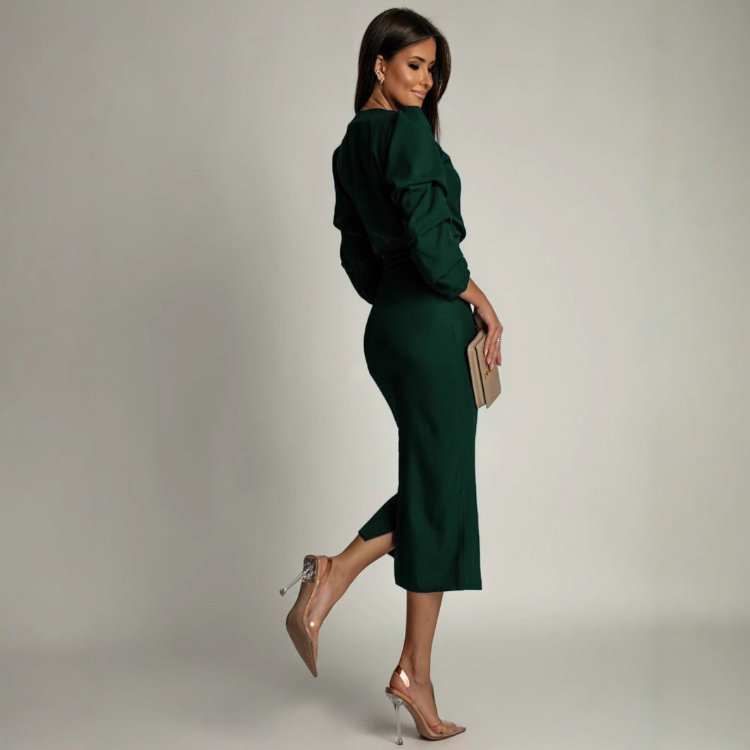 Damen Hochwertiges Wickelkleid mit Puffärmeln Sovae