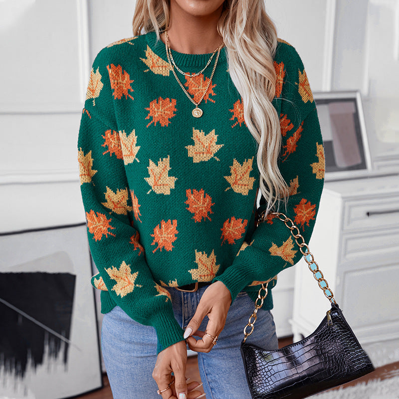 Damen Strickpullover mit strukturiertem Blättermotiv und Rundhalsausschnitt Sovae