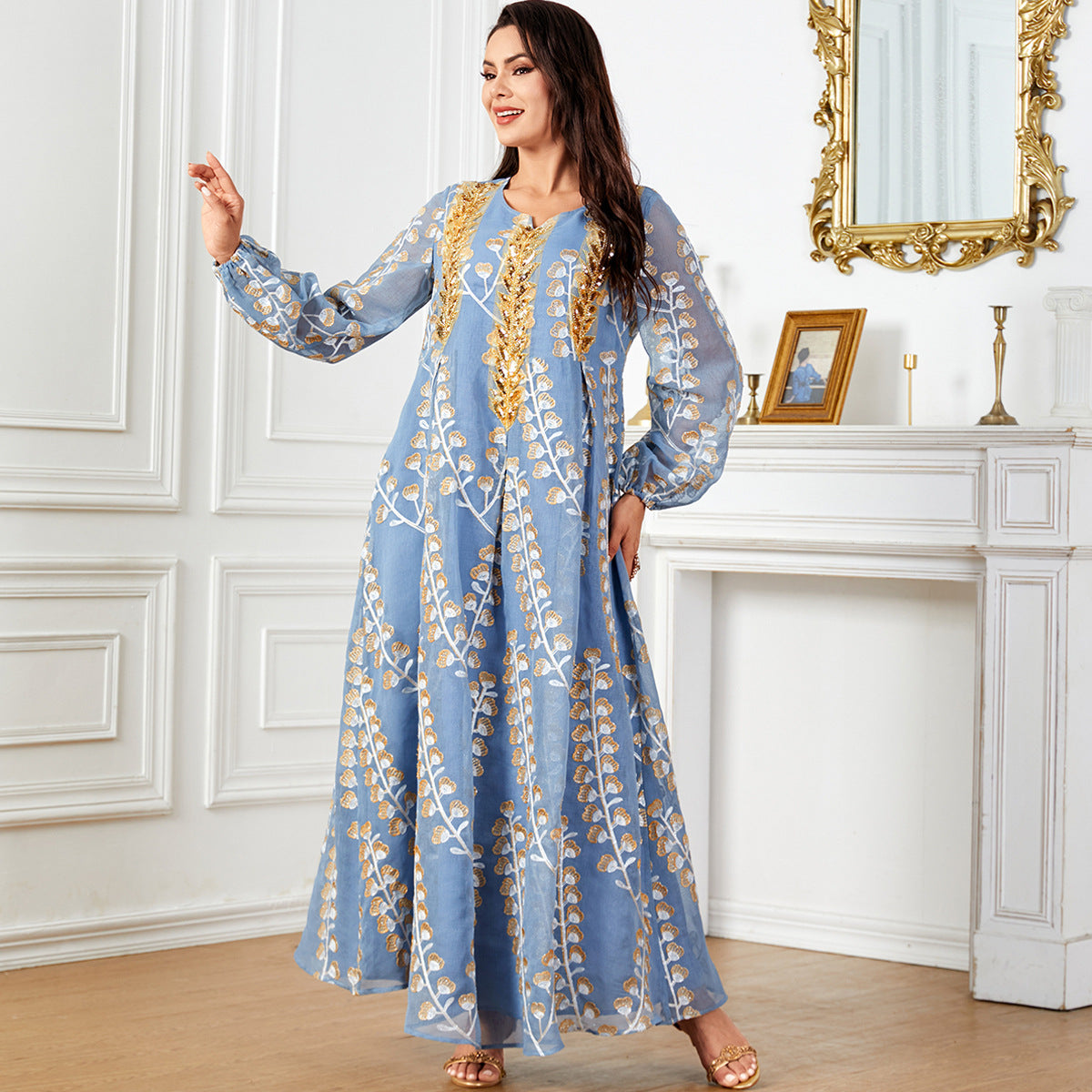 Damen Luftige, bodenlange Kaftan-Robe mit feiner Goldstickerei Sovae