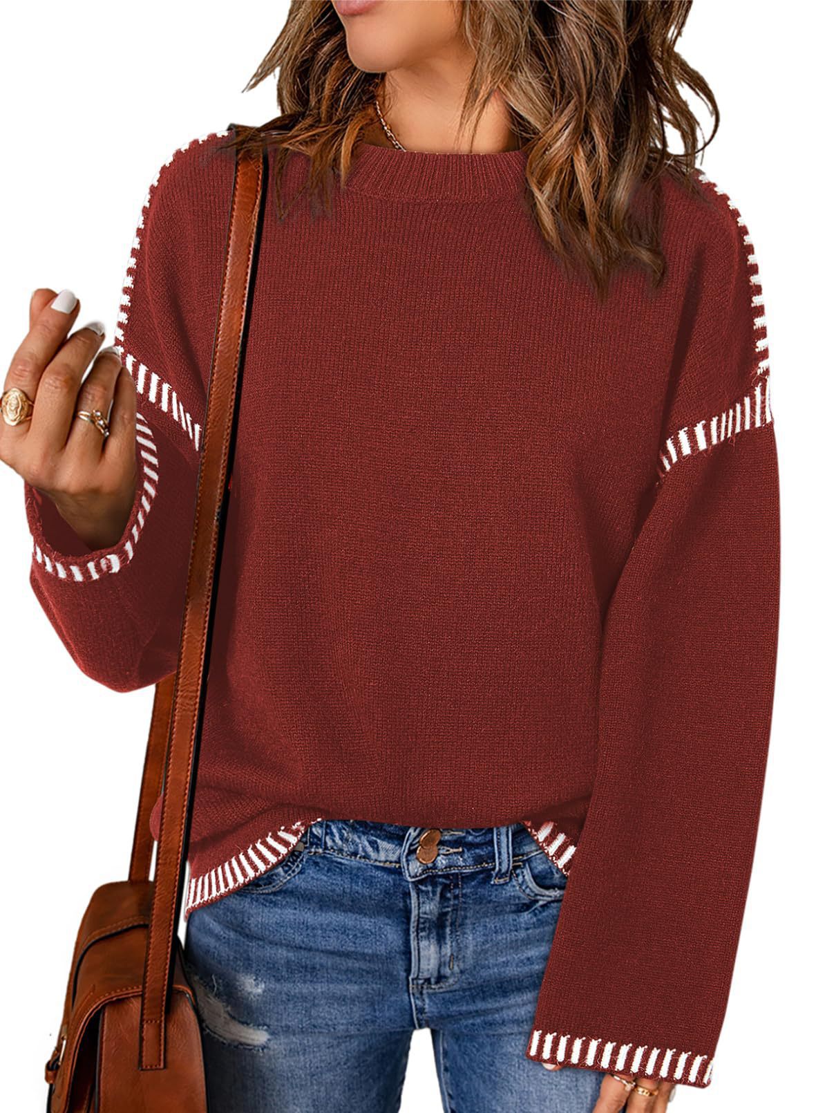 Damen lässiger Strickpullover mit kontrastierenden Bündchen und lässigem Schnitt Sovae