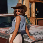 Damen modische Denim-Weste mit knopflosem Design und einzigartigen Details Sovae