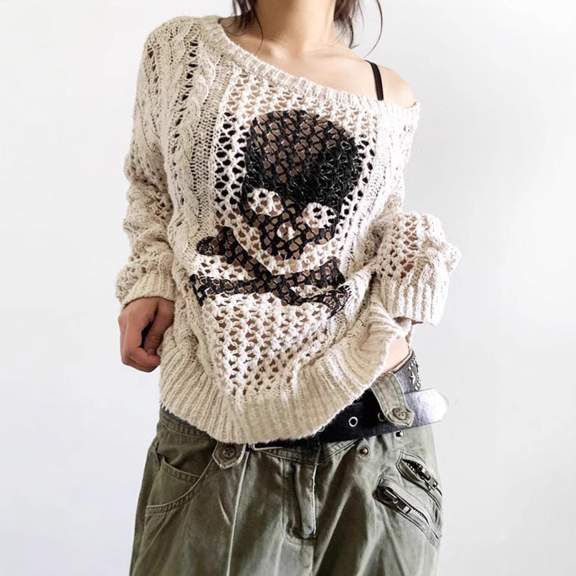 Damen Grob gestrickter Pullover mit Skelett-Motiv Sovae