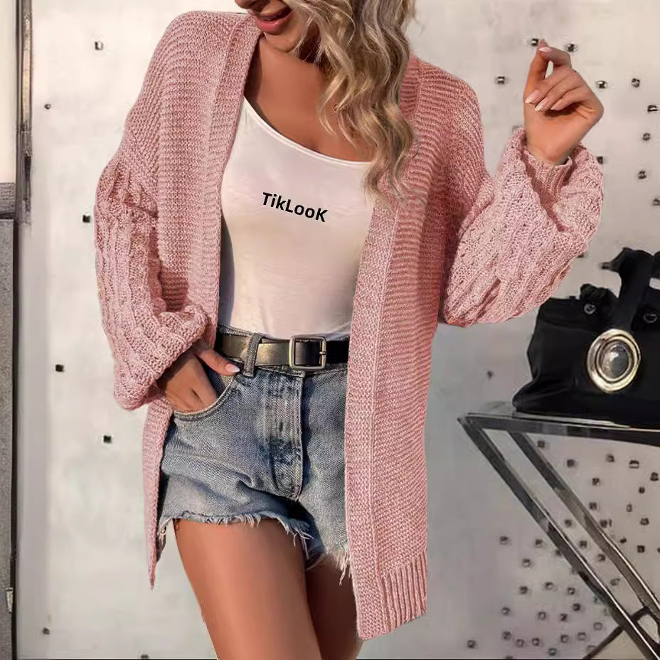 Damen lockerer Strickcardigan mit strukturierten Ärmeln und offenem Schnitt Sovae