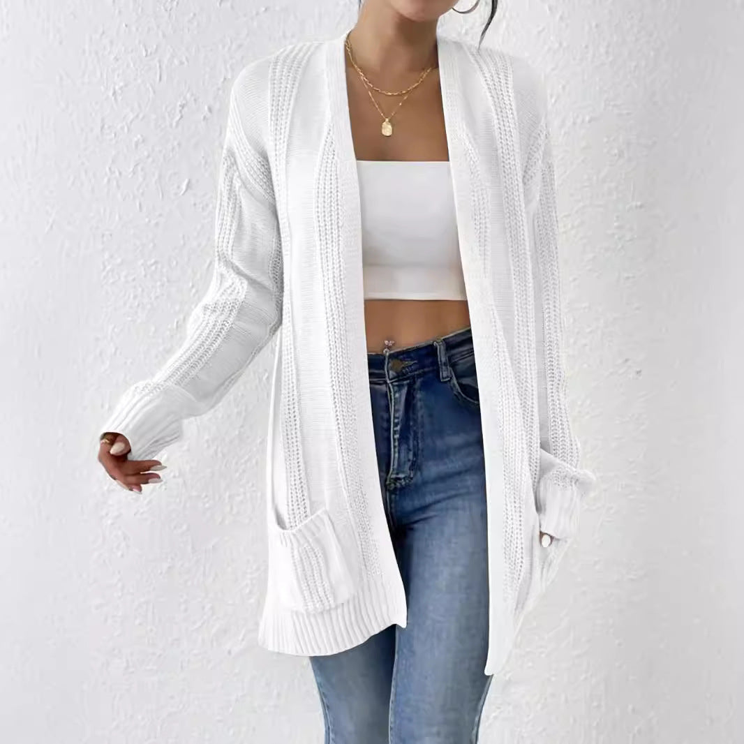 Damen lässiger Strickcardigan mit offenen Maschen und praktischen Taschen Sovae