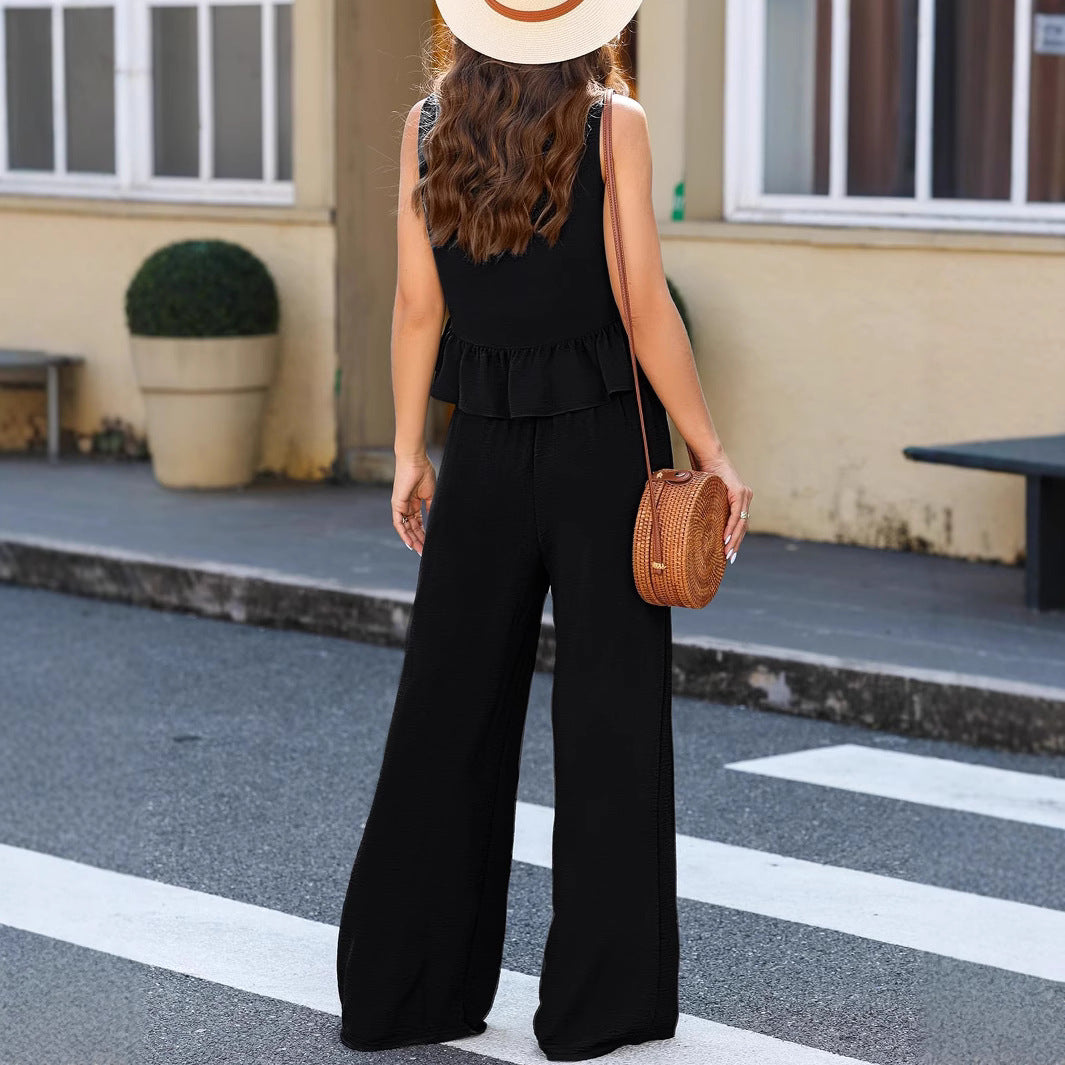 Damen weite Jumpsuit mit Rüschendetails und elastischem Bund Sovae