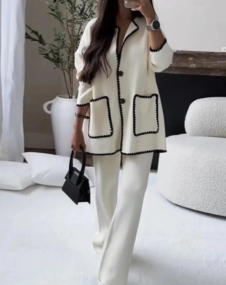 Damen modischer Cardigan-Anzug mit Kontrastnähten Sovae