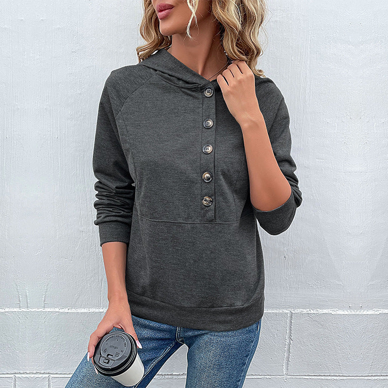 Damen lässiger Kapuzenpullover mit Knopfleiste und Raglanärmeln Sovae