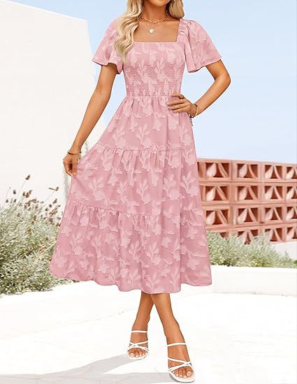 Damen Midi Kleid mit quadratischem Ausschnitt und Volantdetails Sovae