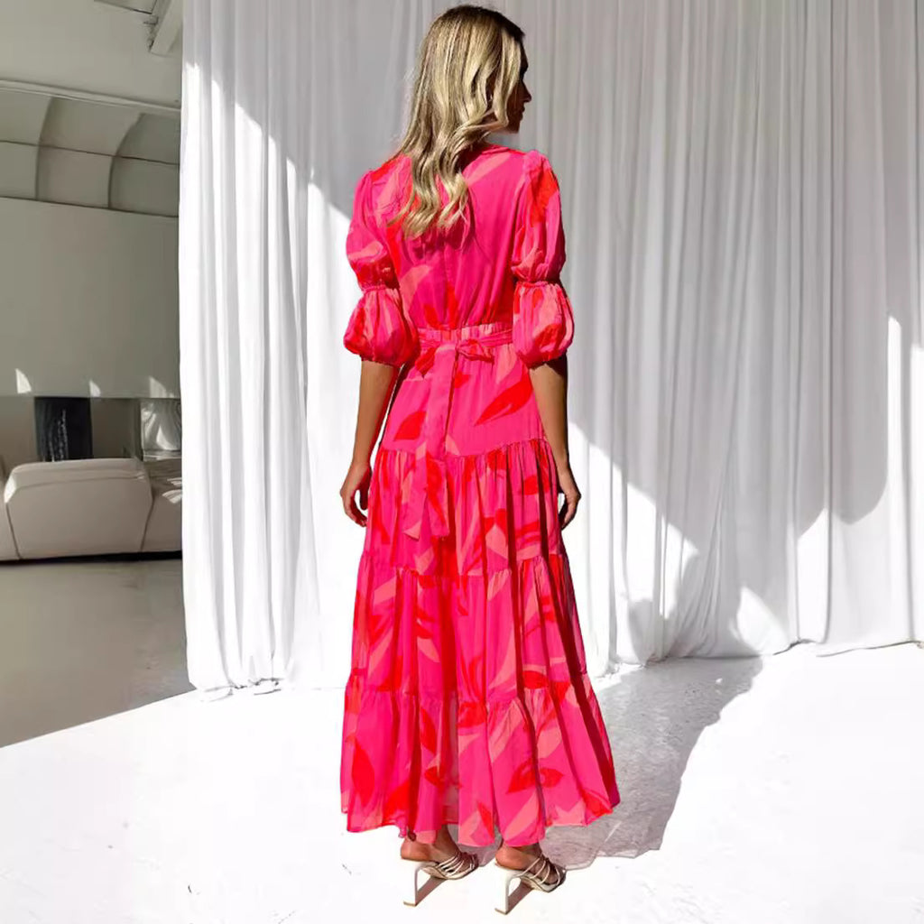 Damen Maxikleid mit voluminösen Ärmeln und floralen Details Sovae