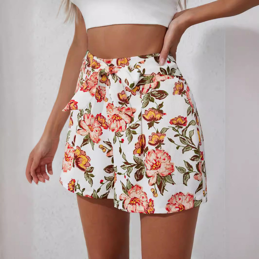 Damen Blumenmuster Shorts mit Taillenschnalle Sovae