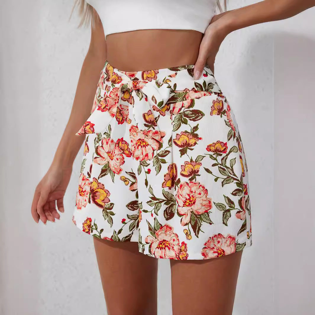 Damen Blumenmuster Shorts mit Taillenschnalle Sovae