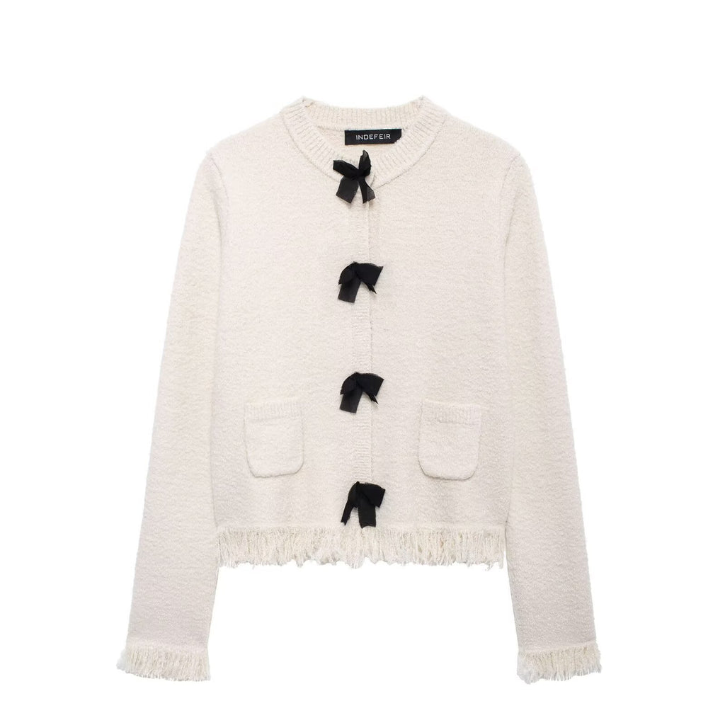Damen elegante Strickjacke mit dekorativen Schleifen und Fransen Sovae