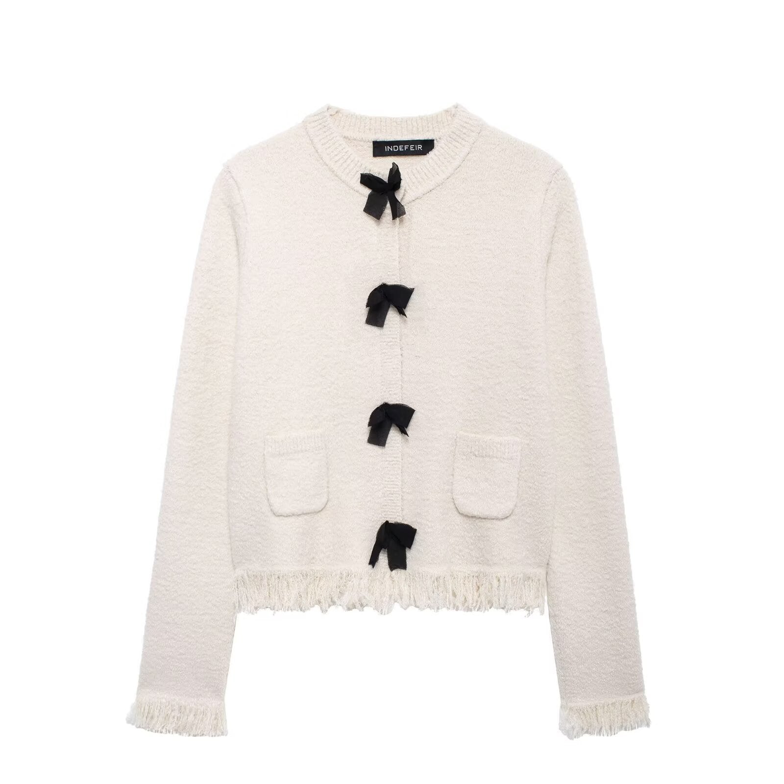 Damen elegante Strickjacke mit dekorativen Schleifen und Fransen Sovae