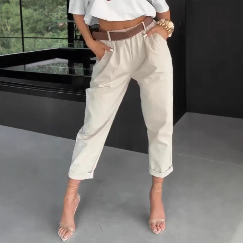 Damen elegante Baumwollhose mit hoher Taille und lässigen Falten Sovae