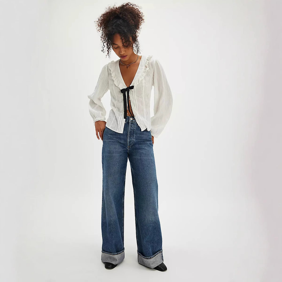 Damen Hochtaillierte Weite Jeans Sovae