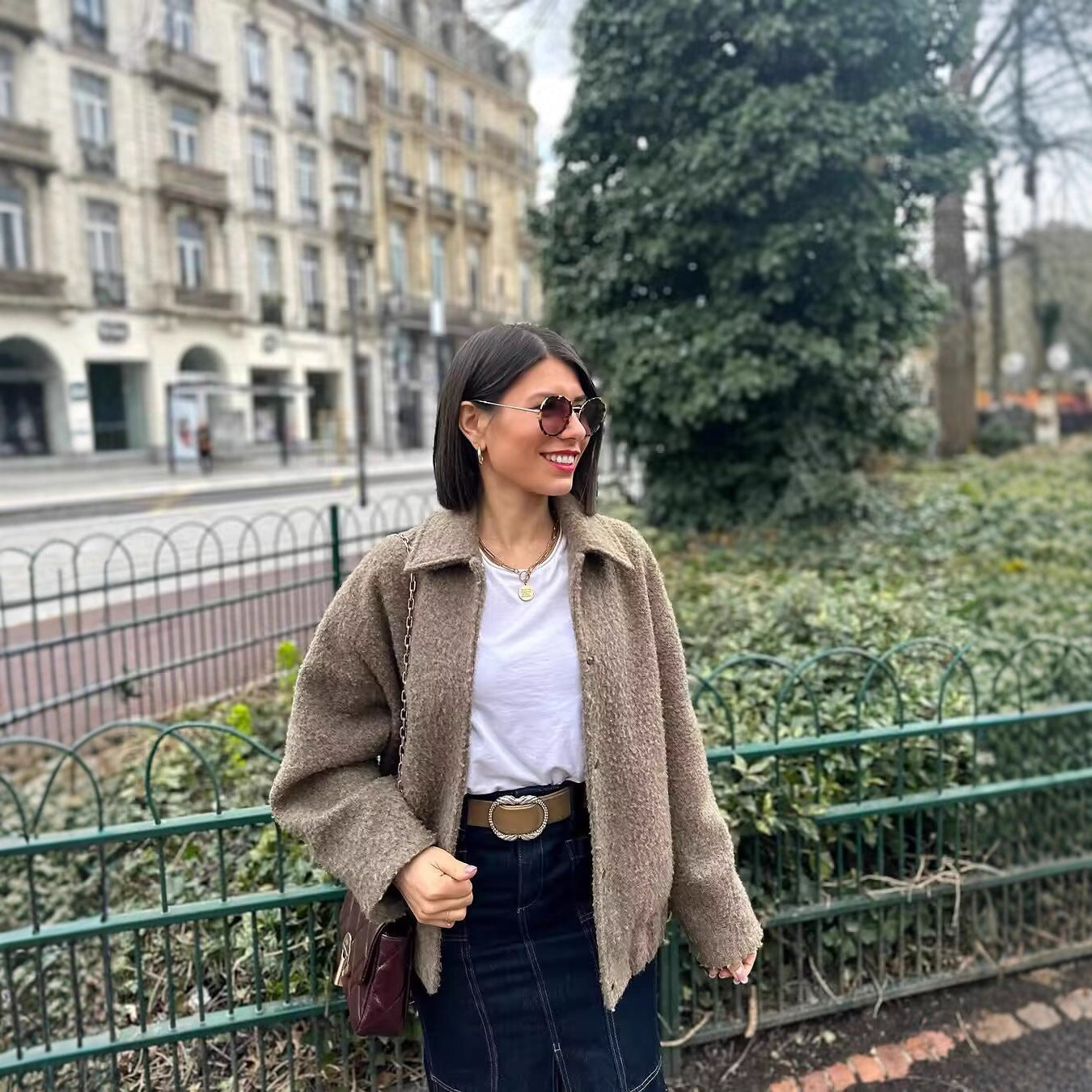 Damen kuschelige Teddyjacke mit seitlichen Taschen und elastischem Saum Sovae