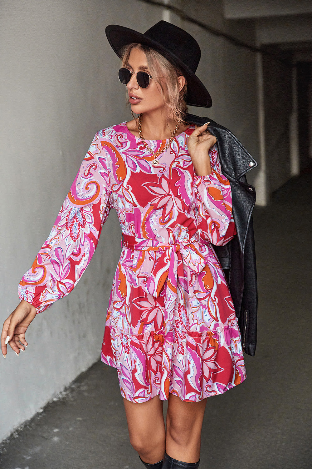 Damen Minikleid mit voluminösen Ärmeln und floralem Muster Sovae