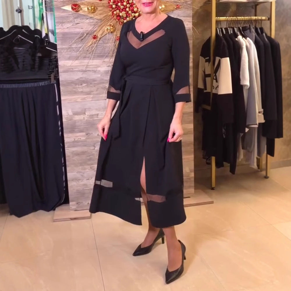 Damen Midi-Kleid mit transparenten Einsätzen und Taillengürtel Sovae