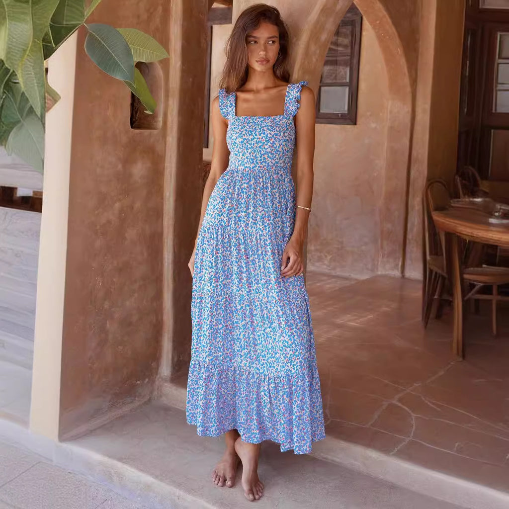 Damen luftiges Maxikleid mit buntem Blütenmuster und Rüschendetails Sovae