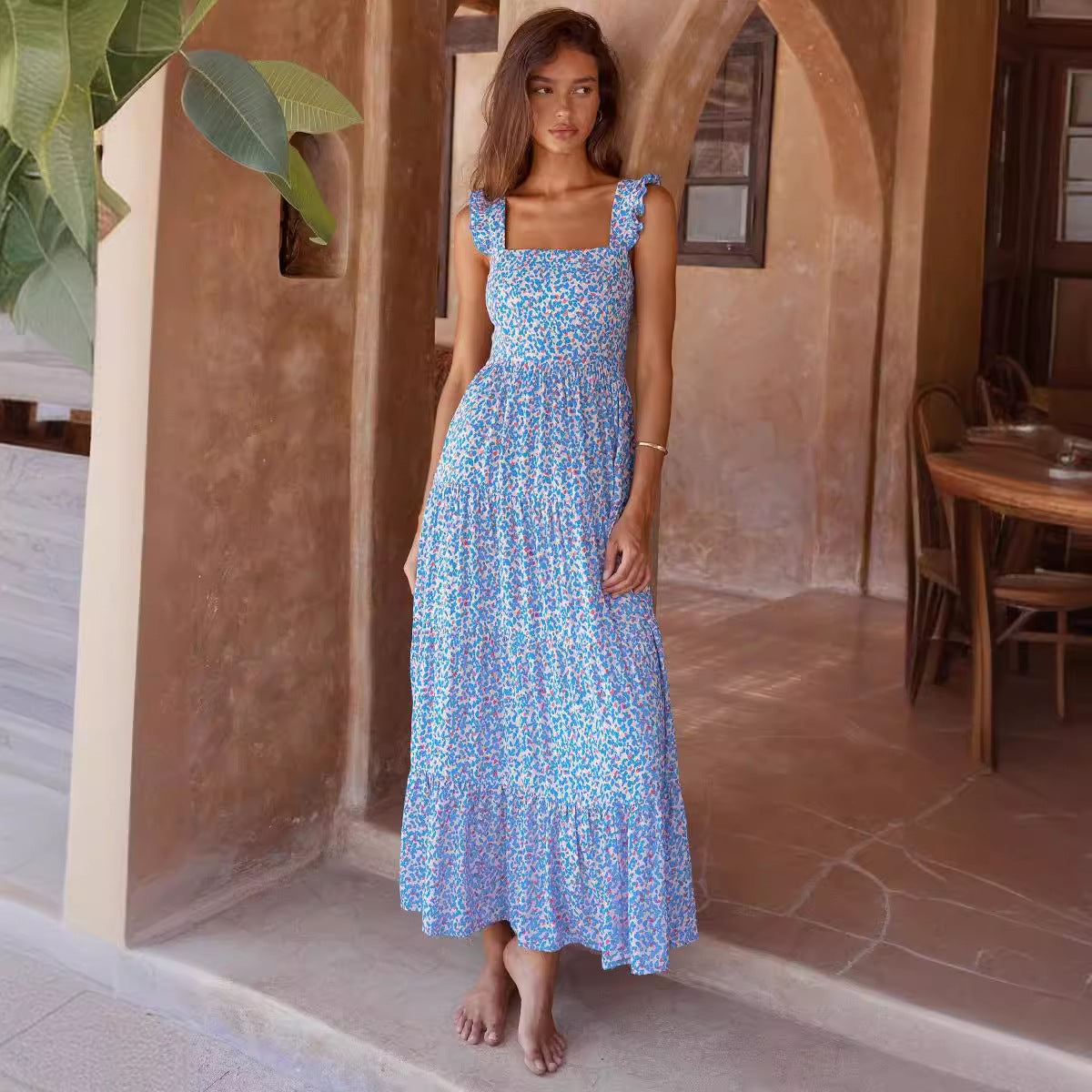 Damen luftiges Maxikleid mit buntem Blütenmuster und Rüschendetails Sovae