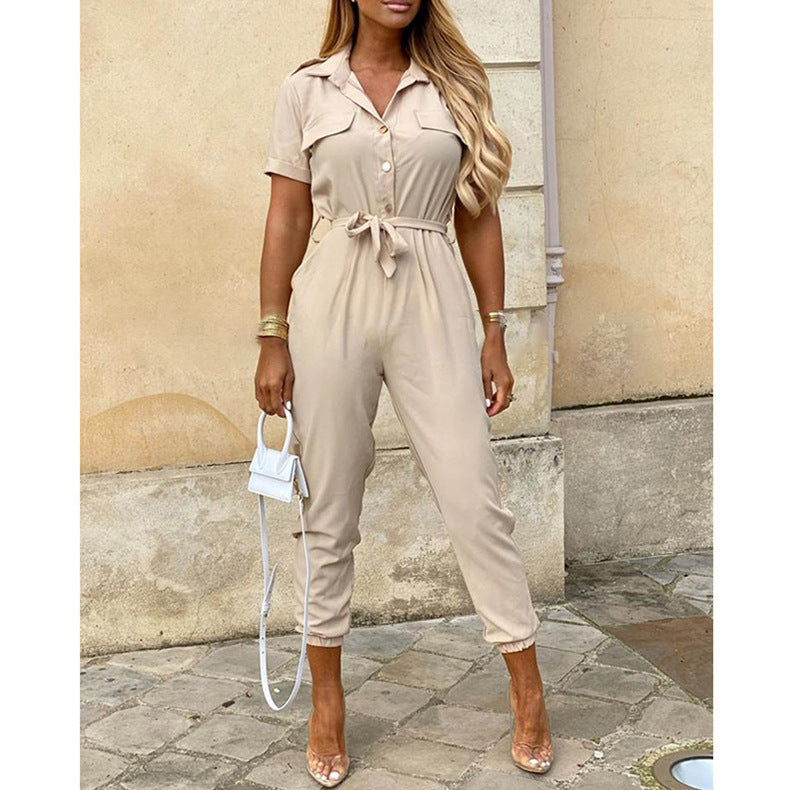 Damen lässiger Kurzarm Jumpsuit mit Taillengürtel Sovae