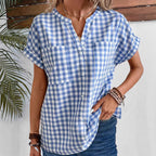 Damen leichte Kurzarmbluse mit kariertem Muster und praktischen Brusttaschen Sovae