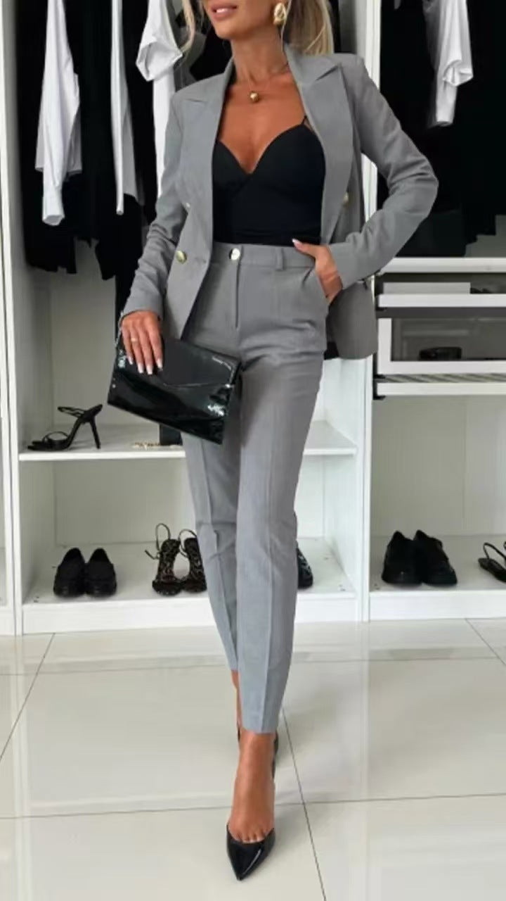 Damen elegantes Tailored Anzug-Set mit doppelter Knopfleiste Sovae