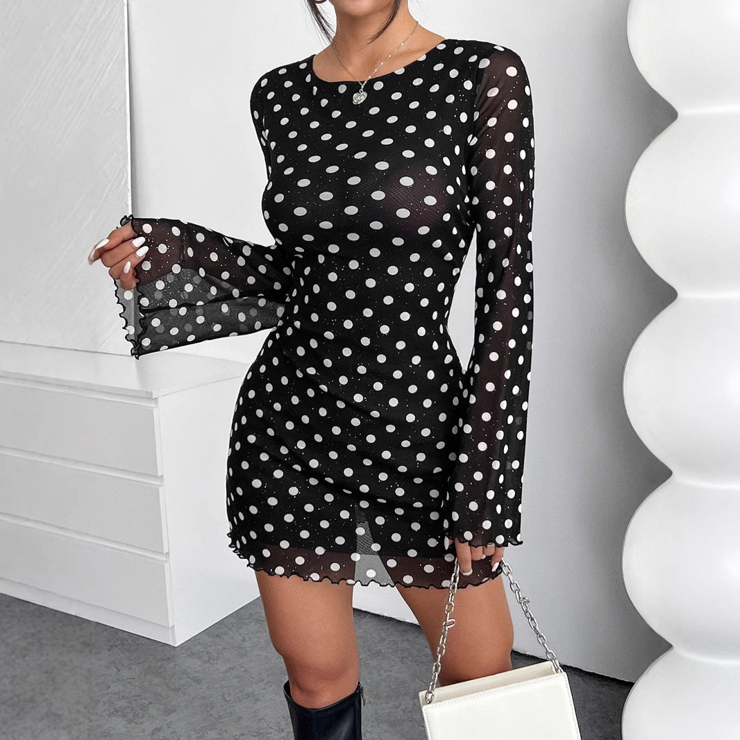 Damen Polka-Dots Minikleid mit langen Ärmeln Sovae