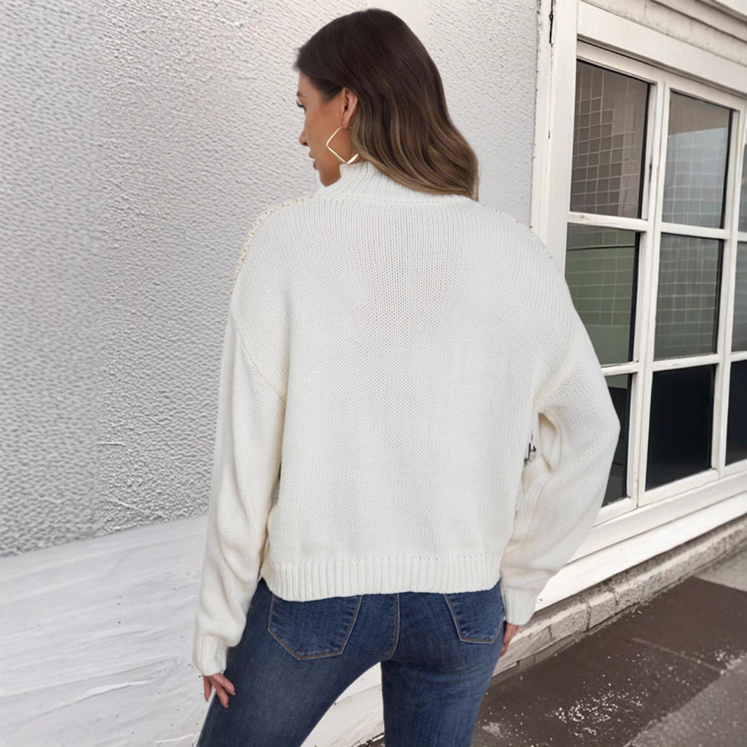 Damen modischer Strickpullover mit geometrischem Muster und hohem Kragen Sovae