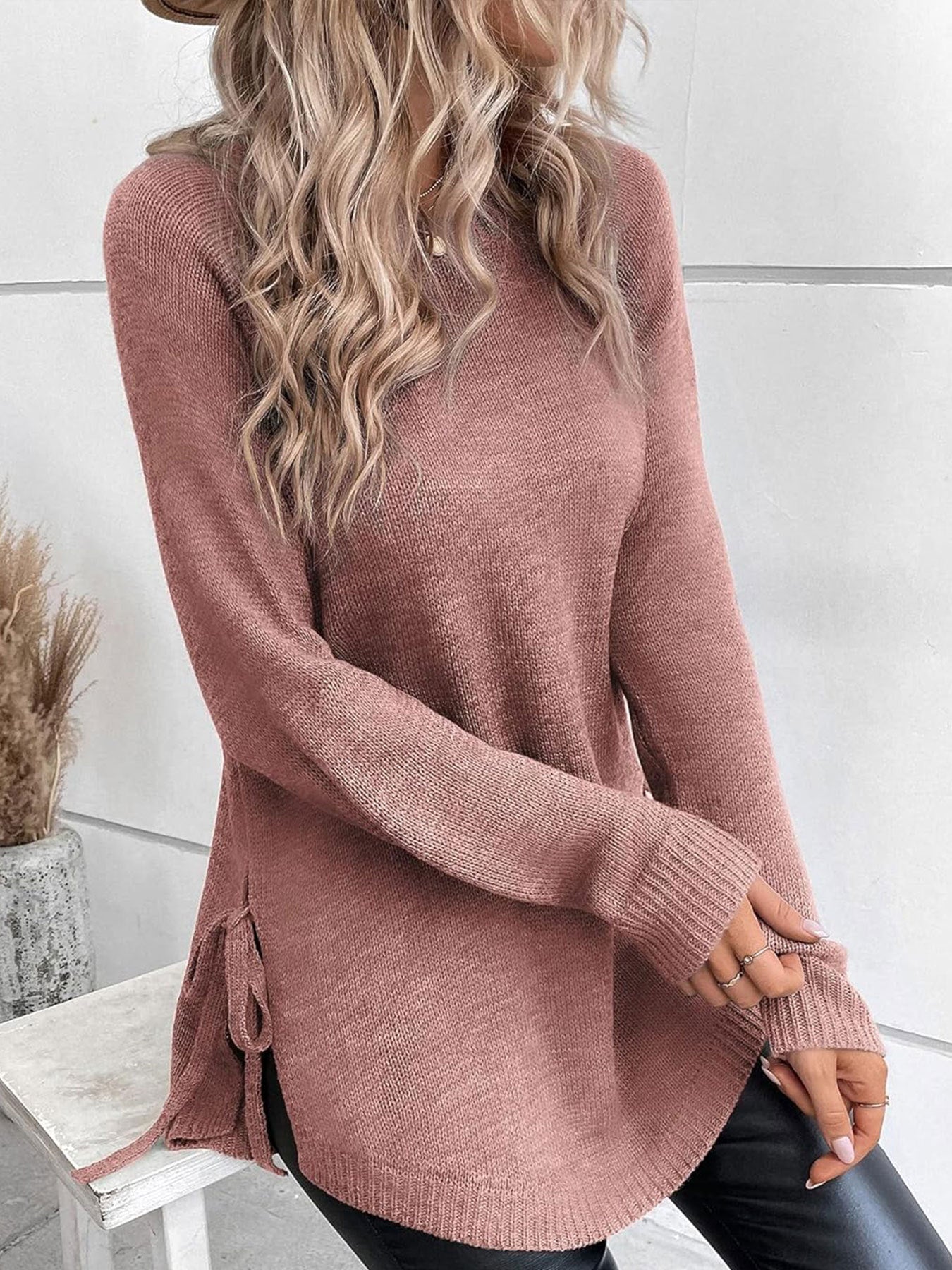 Damen lässiger Pullover mit seitlichen Bindebändern Sovae