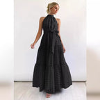 Damen Maxikleid mit kariertem Chiffon und Taillengürtel Sovae