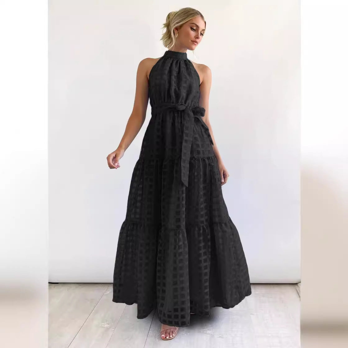 Damen Maxikleid mit kariertem Chiffon und Taillengürtel Sovae