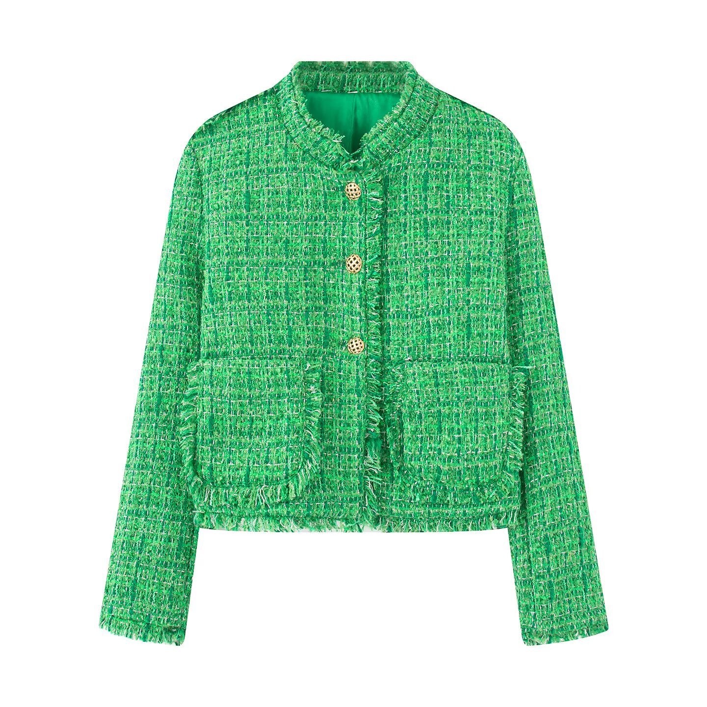 Damen Kurze Tweedjacke mit Fransen und dekorativen Knöpfen Sovae