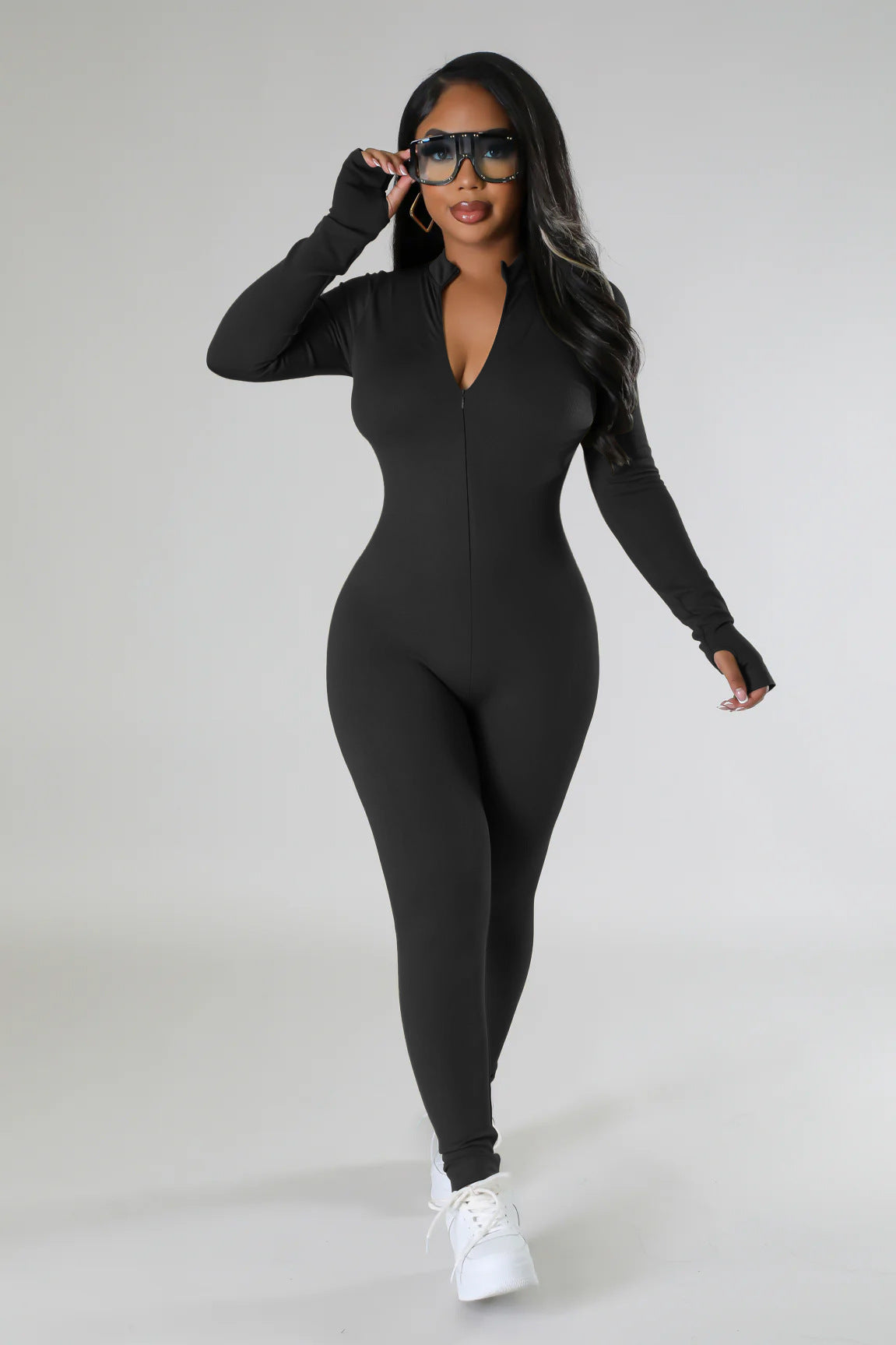 Damen figurbetontes Langarm-Jumpsuit mit durchgehendem Reißverschluss Sovae