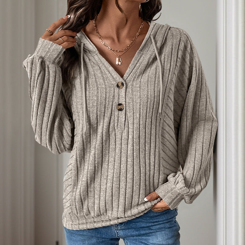 Damen Strickpullover mit Kapuze und Knopfdetail Sovae