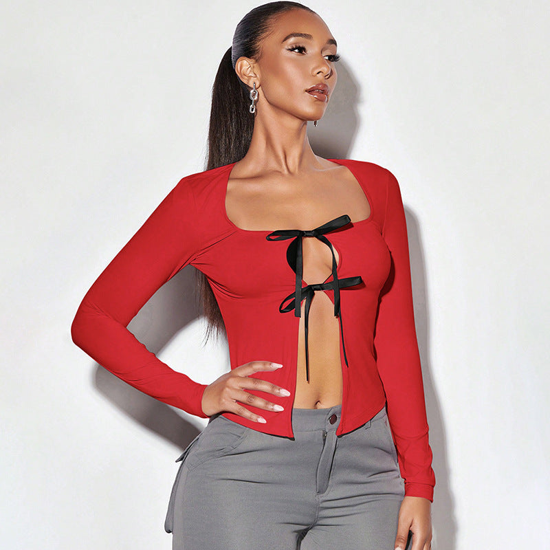 Damen sexy Crop-Top mit seitlichem Bindeband Sovae