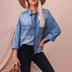 Damen lässige Oversized Jeanshemd mit aufgesetzten Taschen Sovae