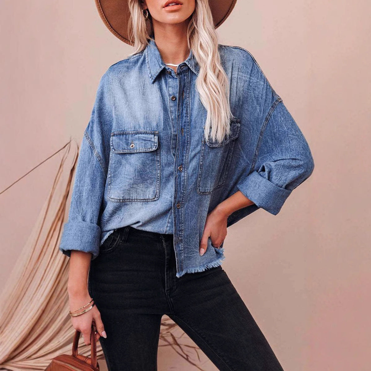 Damen lässige Oversized Jeanshemd mit aufgesetzten Taschen Sovae