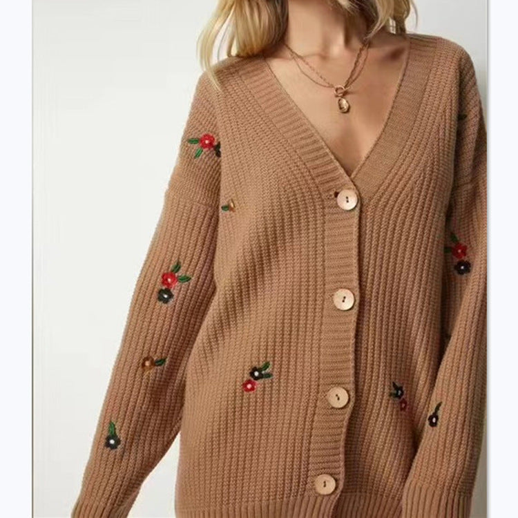 Damen Strickjacke mit floralem Stickdesign und komfortablem Schnitt Sovae
