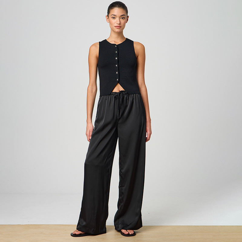 Damen Satin-Stoff-Hose mit elastischem Bund und weitem Schnitt Sovae