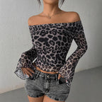 Damen Off-Shoulder Bluse mit Leopardenmuster Sovae