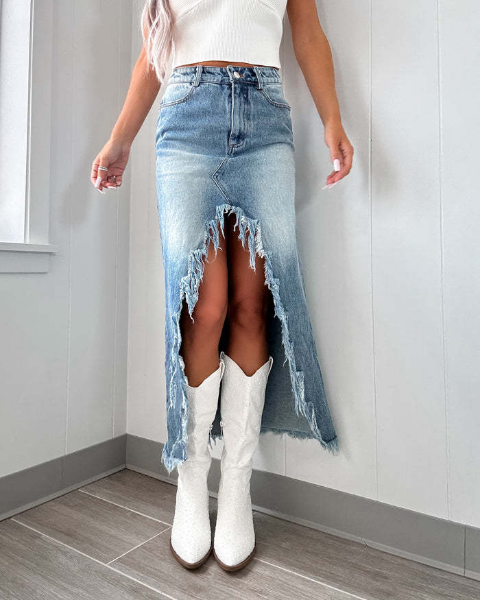 Damen Jeansrock mit asymmetrischem Saum und fransigen Abschlüssen Sovae