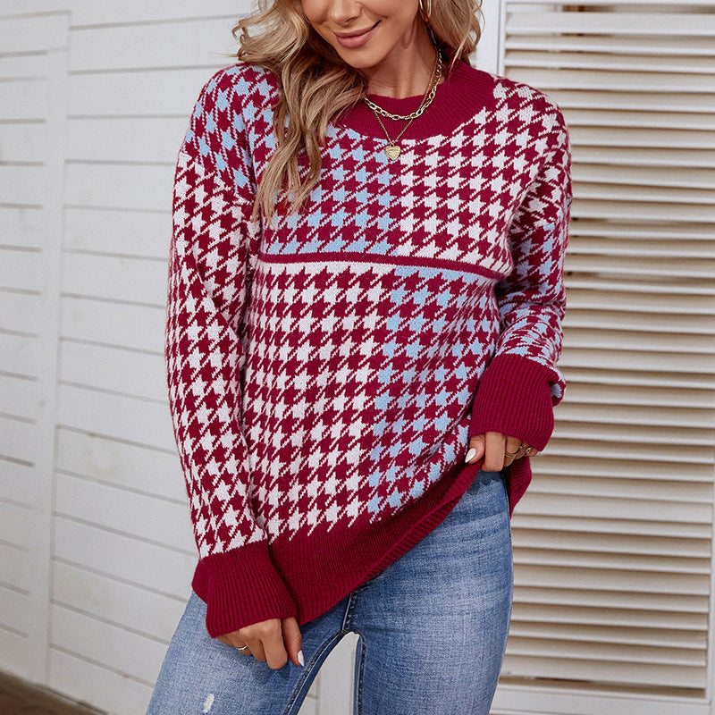 Damen kuscheliger Strickpullover mit trendigem Karomuster und weitem Schnitt Sovae