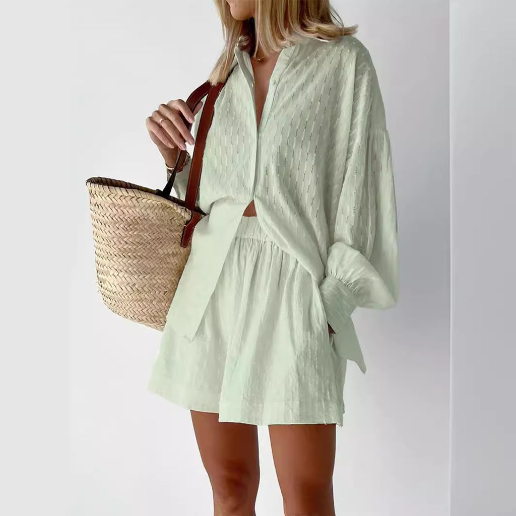 Damen lässiges Set mit strukturiertem Hemd und Shorts Sovae