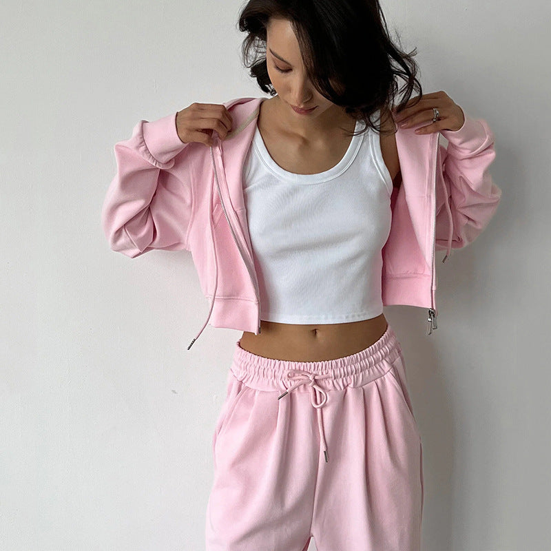 Damen modischer Cropped Hoodie und weit geschnittene Jogginghose Set Sovae