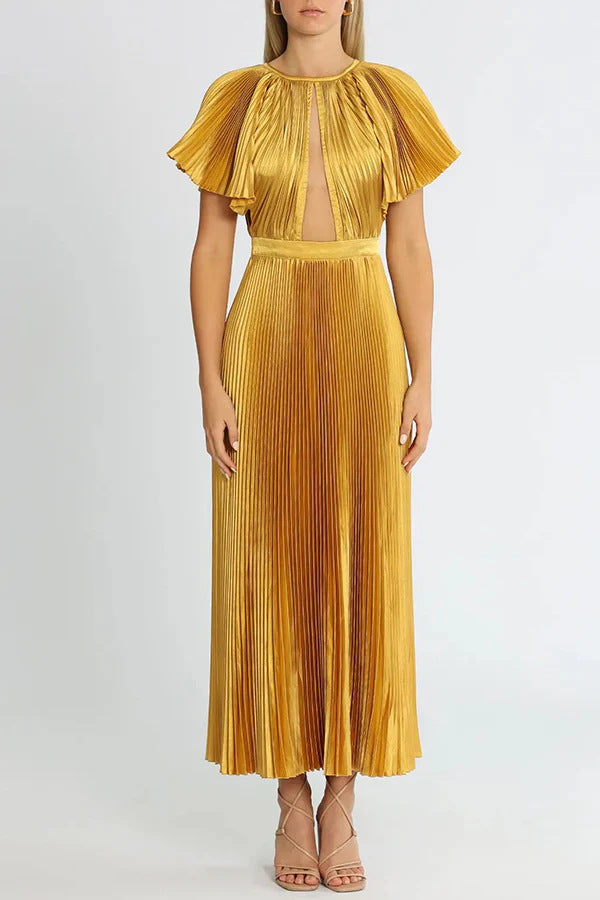 Damen Plissiertes Maxikleid mit elegantem Ausschnitt und fließendem Fall Sovae