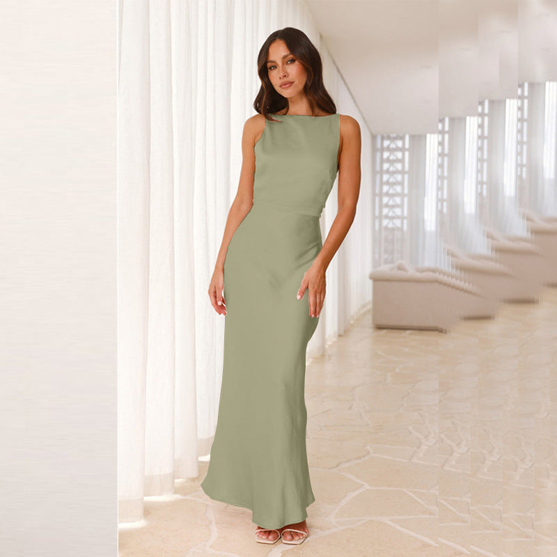 Damen elegantes Satin-Maxikleid mit schulterfreiem Design Sovae