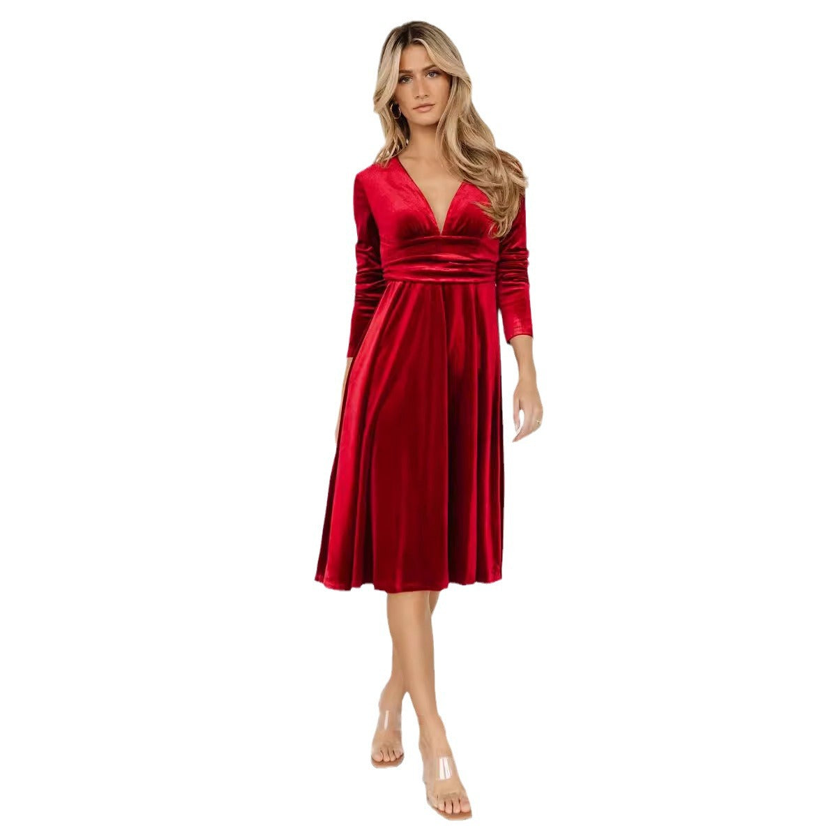 Damen elegantes Midi-Kleid aus luxuriösem Samt mit tiefem V-Ausschnitt Sovae